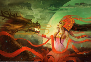 дракон, девушка, рога, mingsong jia, перья, Арт, здания