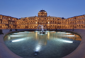 вечер, лувр, france, фонтан, панорама, огни, франция, Louvre