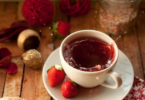 брызги, чай, Чашка, клубника