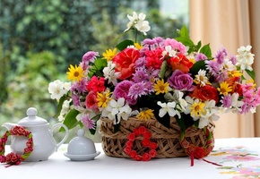 жасмин, Герань, букет, розы, корзинка, композиция