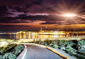 road, scenery, landscape, вечер, season, clouds, Evening city, beauty, закат