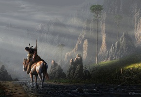 fel-x, Арт, человек, конь, индеец, лошадь, перья, пейзаж