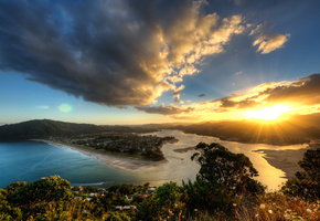 Новая зеландия, высота, вечер, закат, вид, солнце, лучи