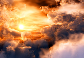 космос, Закат, сонце, планета, облака