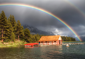 пристань, река, горы, домик, Лес, радуга