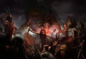 зомби, битва, Дракон, девушки, змей, скелеты, кинжал