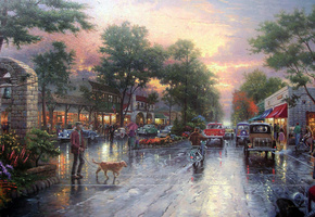 kinkade, cars, Thomas kinkade, city, houses, town, avenue, painting, carmel sunset on ocean avenue