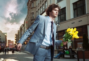 галстук, мужчина, костюм, цветы, желтые, кудри, Человек