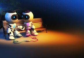 скамейка, Пара, любовь, роботы