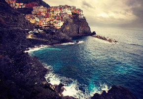 море, скалы, дома, побережье, пейзаж, италия, italy, Manarola
