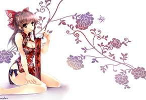 бант, hakurei reimu, цветы, девушка, иероглифы, touhou, кисть, Арт