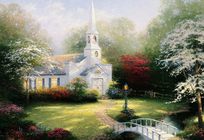 bridge, томас кинкейд, paintig, thomas kinkade, Hometown chapel, lamp, chapel