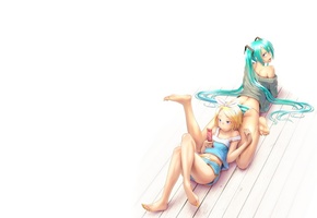Vocaloid, лежат, поза, ситуация, miku hatsune, kagamine rin, девушки