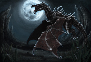 Дракон, пасть, ночь, луна, полет, скалы