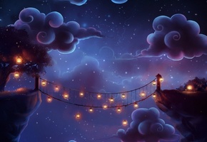 мост, дерево, фонари, облака, trenchmaker, ночь, Арт