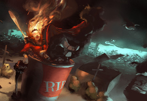 рыжие волосы, длинные волосы, платье, птицы, Девушка