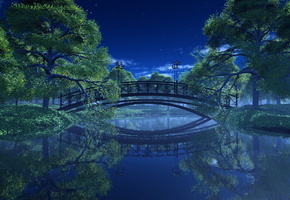 фонари, деревья, Пейзаж, парк, ночь, река, мост