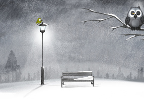 Дерево, ночь, сова, лавочка, снег, зима, птичка, фонарь
