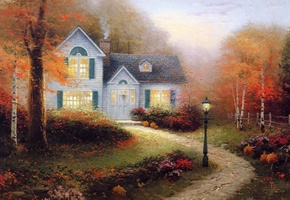 Thomas kinkade, фонарь, кинкейд, живопись, осень, картина