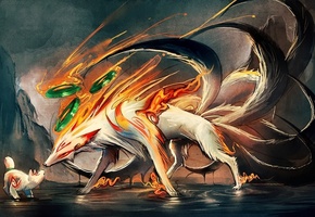 лиса, хвосты, Арт, deviantart, sakimichan, детеныш