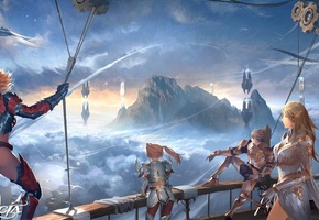 корабль, персонажи, птицы, в небе, полет, Lineage 2, горы