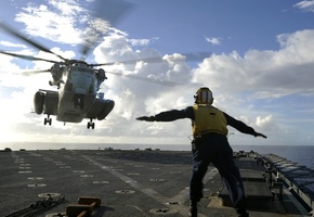палуба, чеовек, красиво, авианосец, Вертушка, посадка