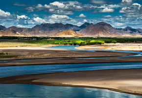 тибет, горы, оазис, облака, река, небо, свет, тени, Китай