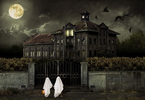 луна, ночь, облака, здание, дом, обитель, Halloween, небо