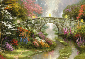 nature, painting, flowers, lamps, bridge, magic, Stillwater bridge, thomas kinkade, beautiful