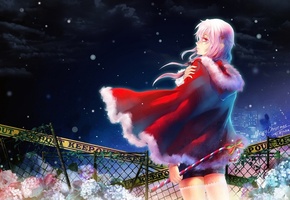 арт, снег, новый год, yuzuriha inori, ночь, девушка, Guilty crown