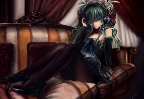 hatsune miku, Арт, цветы, наушники, диван, cj man, vocaloid, девушка