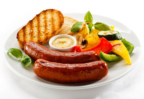 хлеб, еда, овощи, соус, Сосиски