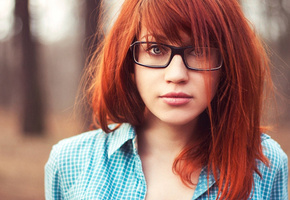 Девушка, рубашка, рыжая, очки