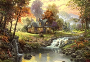 thomas kinkade, домик в лесу, ручей, Пейзаж, осень
