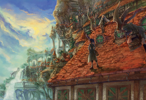 уши, облака, Девушки, крыша, черепица, крылья, небо, окна