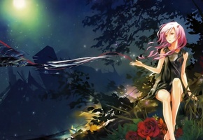 Аниме, девушка, цветы, взгляд, inori yuzuriha, ночь, guilty crown