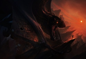 дракон, ящер, скалы, веревка, Арт, рога, девушка, grivetart