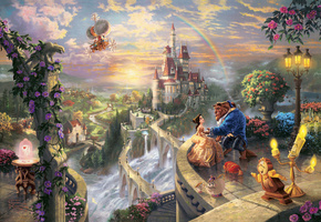 Thomas kinkade, beauty and the beast falling in love, the disney dreams collection