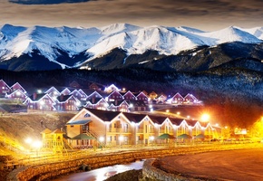 Countryside, highlands, огни, деревня, домики, зима, winter, ночь, лес