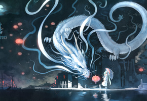 луна, Арт, город, yuushouku, дракон, ночь, vocaloid, зонт, hatsune miku