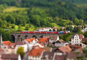 дома, Город, тилт шифт, поезд, европа