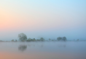 вода, небо, река, туман, Утро, деревья