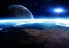 Планета, спутник, свет, поверхность, звезды, созвездие