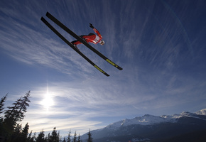 Ski jumping, солнце, прыжки с трамплина, зима, горы, небо