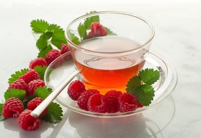 чашка, ложка, чай, Малина