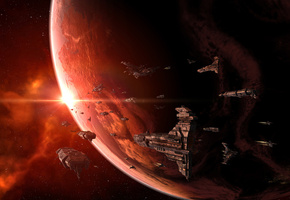 флот, планета, Космические корабли, звёзды, space ships