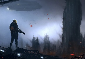 пейзаж будущего, оружие, фантастика, человек, Арт