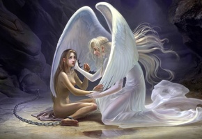 цепь, Девушки, пленница, пещера, обнажена, ангел