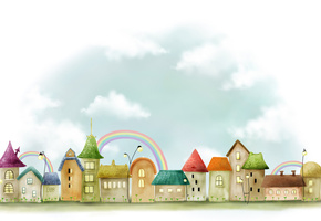 город, фонари, здания, радуга, дома, Рисунок