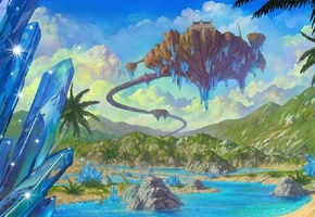 летающий остров, пейзаж, пальмы, Lineage 2, кристаллы